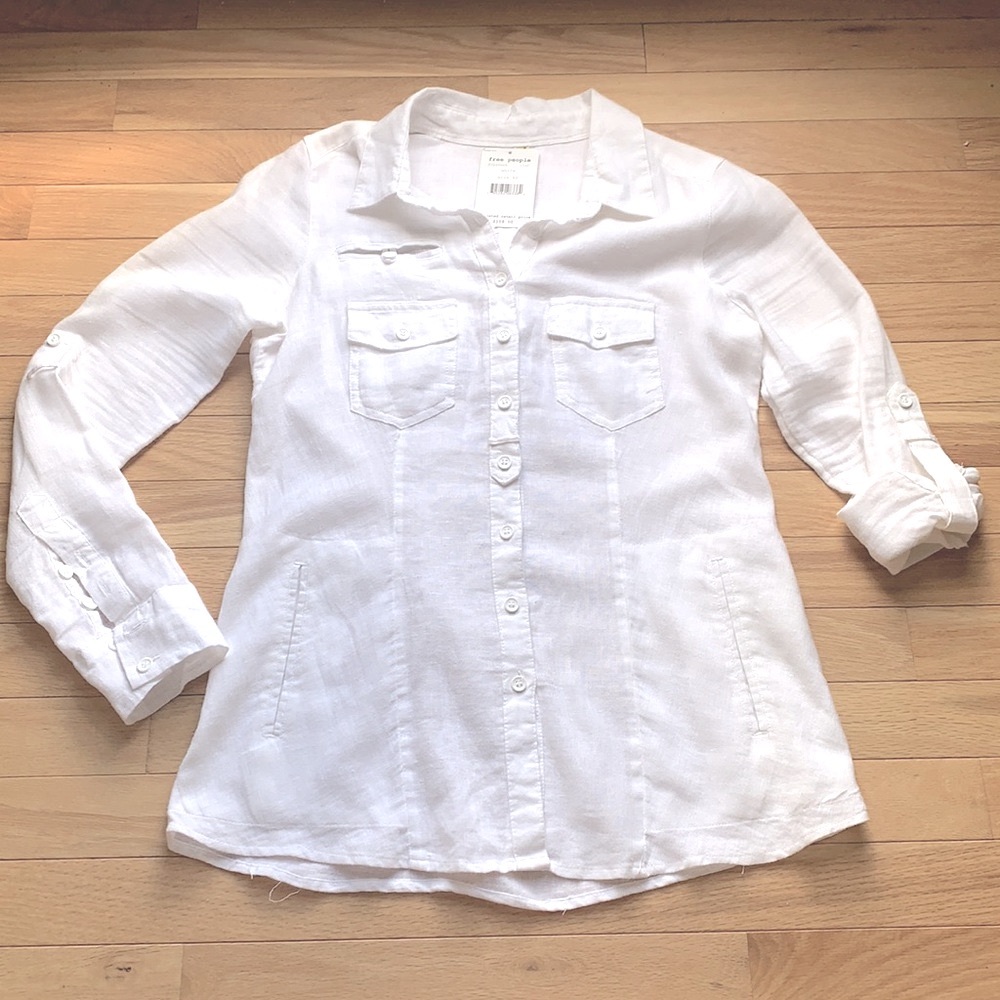 FREE PEOPLE NWT SUPER CUTE WHITE LINEN SHIRT WITH ADJUSTABLE SLEEVES